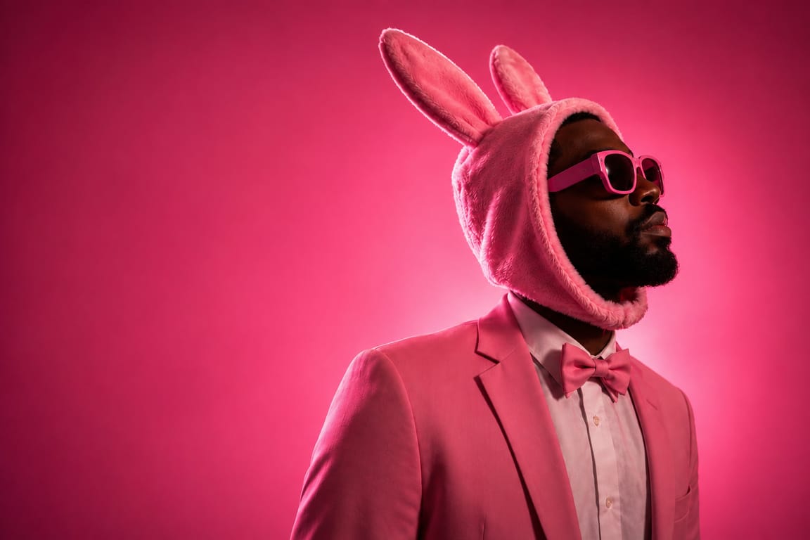 A portrait against a hot pink backdrop: a figure in a pink suit, pink bow tie, pink sunglasses and a fluffy pink bunny hood, looking off to the side.