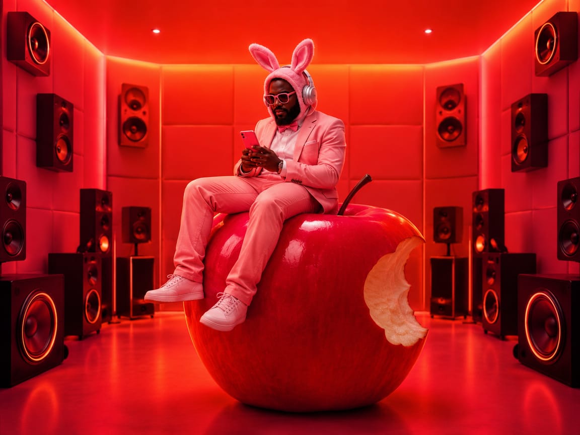 A listening room glowing red and orange, speakers stacked along every wall, with a figure in a pink suit, pink bunny hat and over-ear headphones sitting on top of a giant red apple with a bite taken out of it.