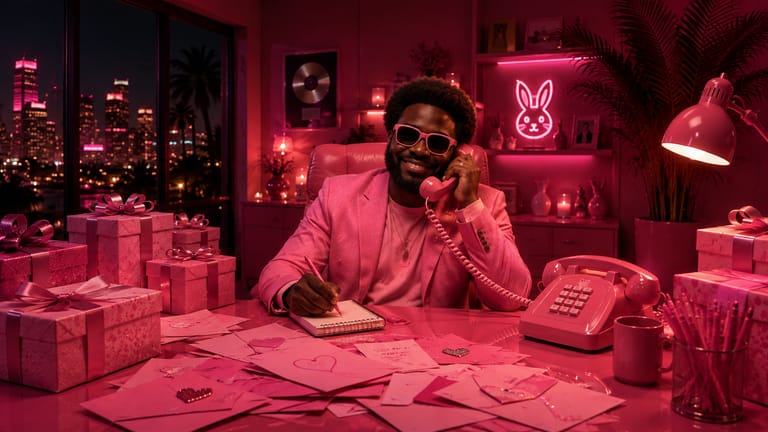 A pink office at night, desk covered in fan mail.