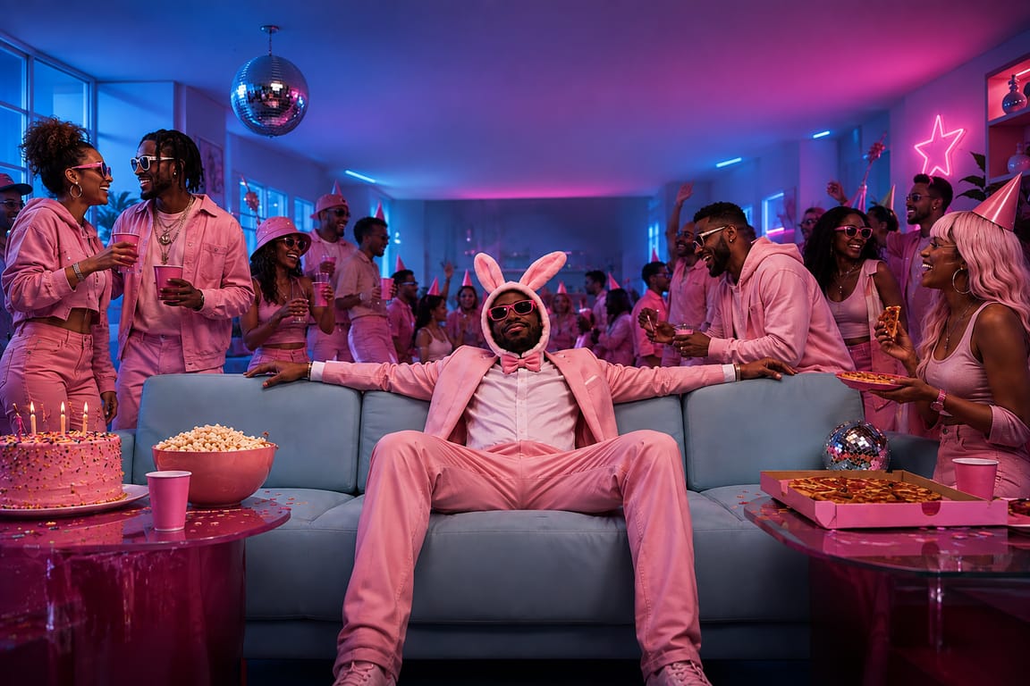 A house party bathed in pink and blue light, everyone dressed in pink, with a figure in a pink suit and bunny ears sitting back on the sofa at the centre of the room.
