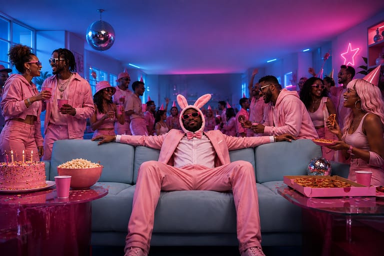 A house party lit in pink, everyone dressed to match.