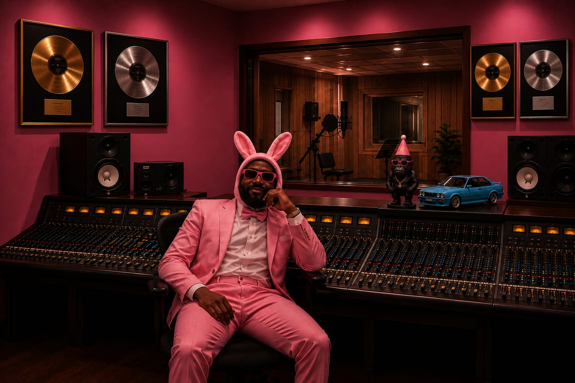 A recording studio lit in deep pink, with a figure in a pink suit and bunny ears sitting back at the mixing desk between studio monitors.