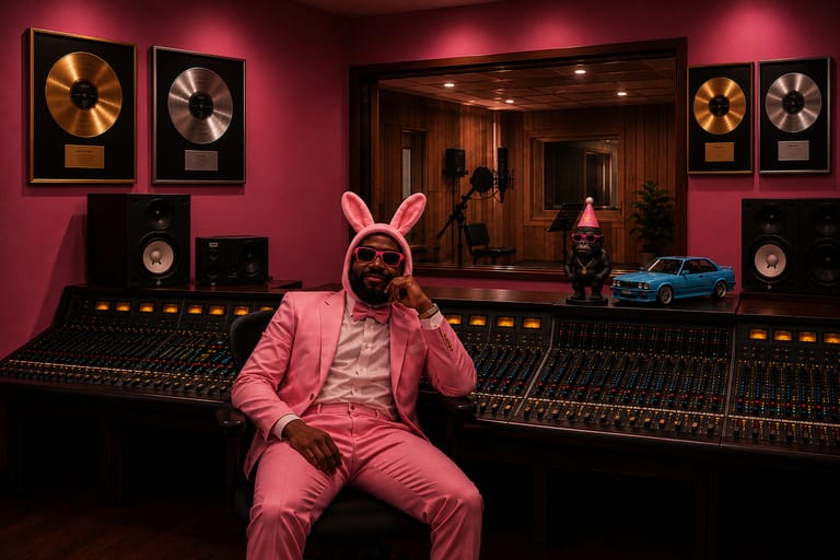 A recording studio washed in pink light.