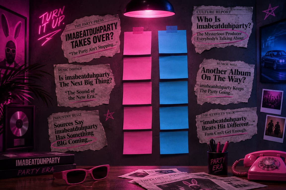 A pink and blue lit wall pinned with torn newspaper clippings about imabeatduhparty, two columns of pink and blue sticky notes between them, a neon sign reading turn it up, and a pink rotary phone on the desk below.