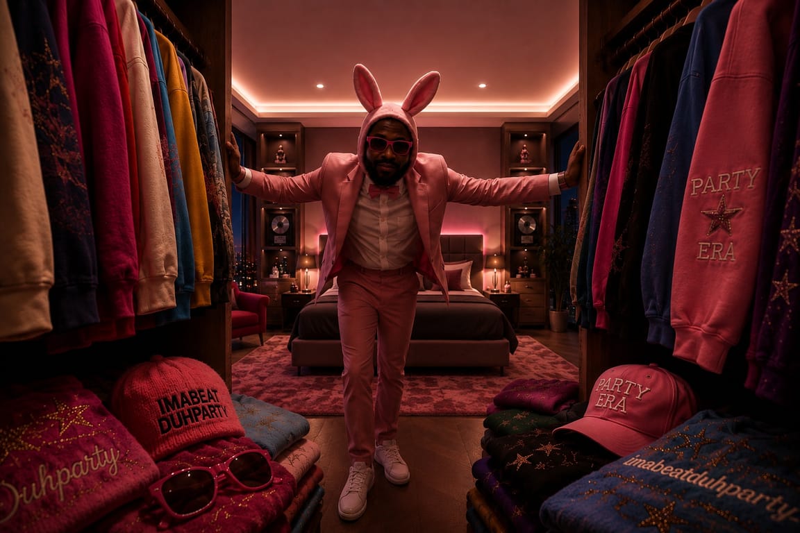 A pink-lit walk-in wardrobe with rails of pink and jewel-toned clothing on both sides, a figure in a pink suit and bunny ears standing between them with arms outstretched, and folded knitwear, caps and sunglasses stacked in the foreground.