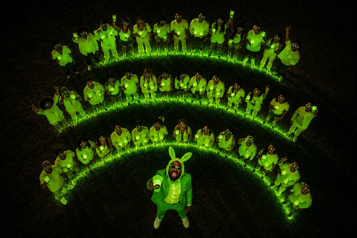 An overhead night shot of a crowd dressed in glowing green standing in three curved rows that form the Spotify arcs, with a figure in a green suit and bunny ears standing beneath them as the dot.