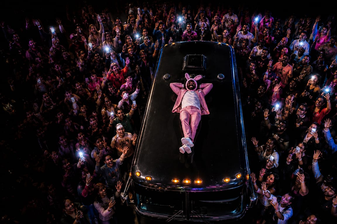 An overhead night shot of a packed crowd holding their phones up around a black tour bus, with a figure in a pink suit and bunny ears lying back across the roof.