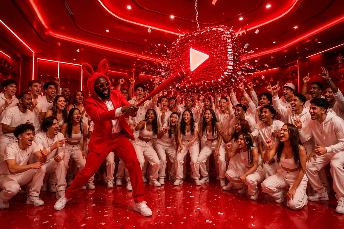 A red-lit room where a figure in a red suit and bunny ears swings a bat at a giant YouTube play-button piñata bursting with confetti, surrounded by a crowd in white cheering him on.